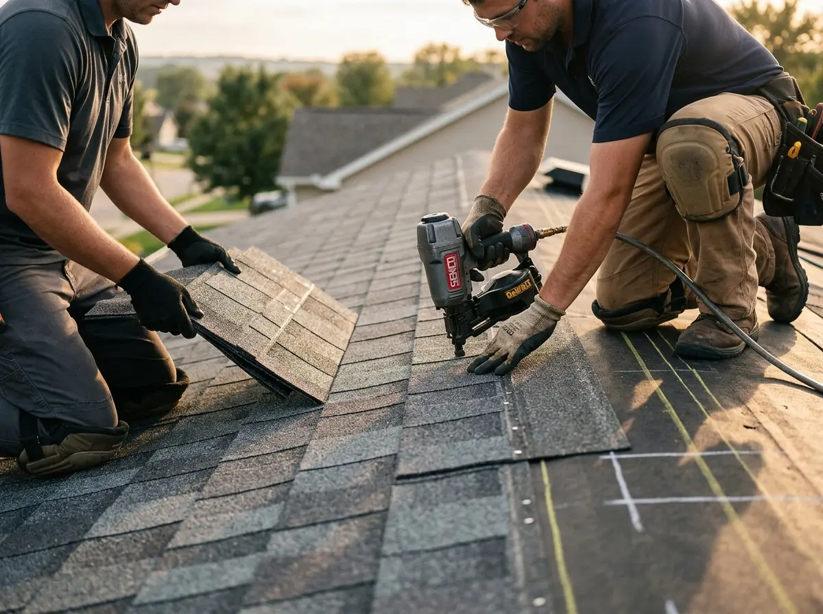 Professional roofer working on a residential roof in Carlisle
